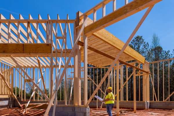 During construction process on construction site builder contractor is using architectural blueprint plan